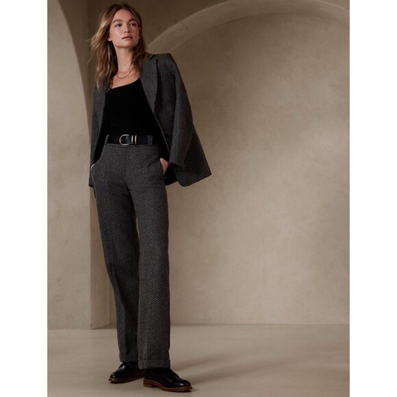 Banana Republic Wylder Straight Tweed Pant Trouser Cuffed Sz 8P Blackstone Twill - Picture 2 of 16